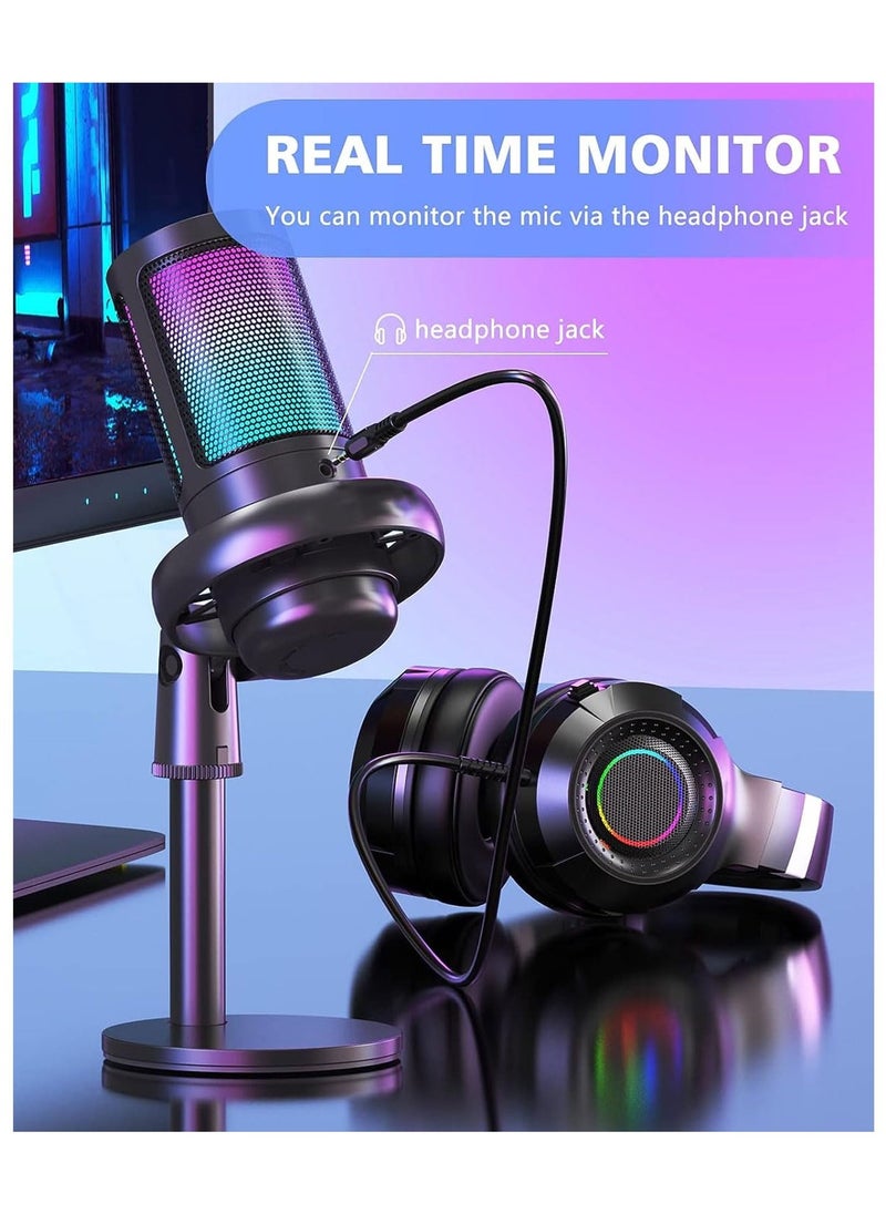 Gaming Microphone,Condenser USB Microphone,Gaming USB Microphone For PC PS5,Condenser Mic With Quick Mute RGB Indicator Pop Filter, Gain Knob & Monitoring Jack For Streaming