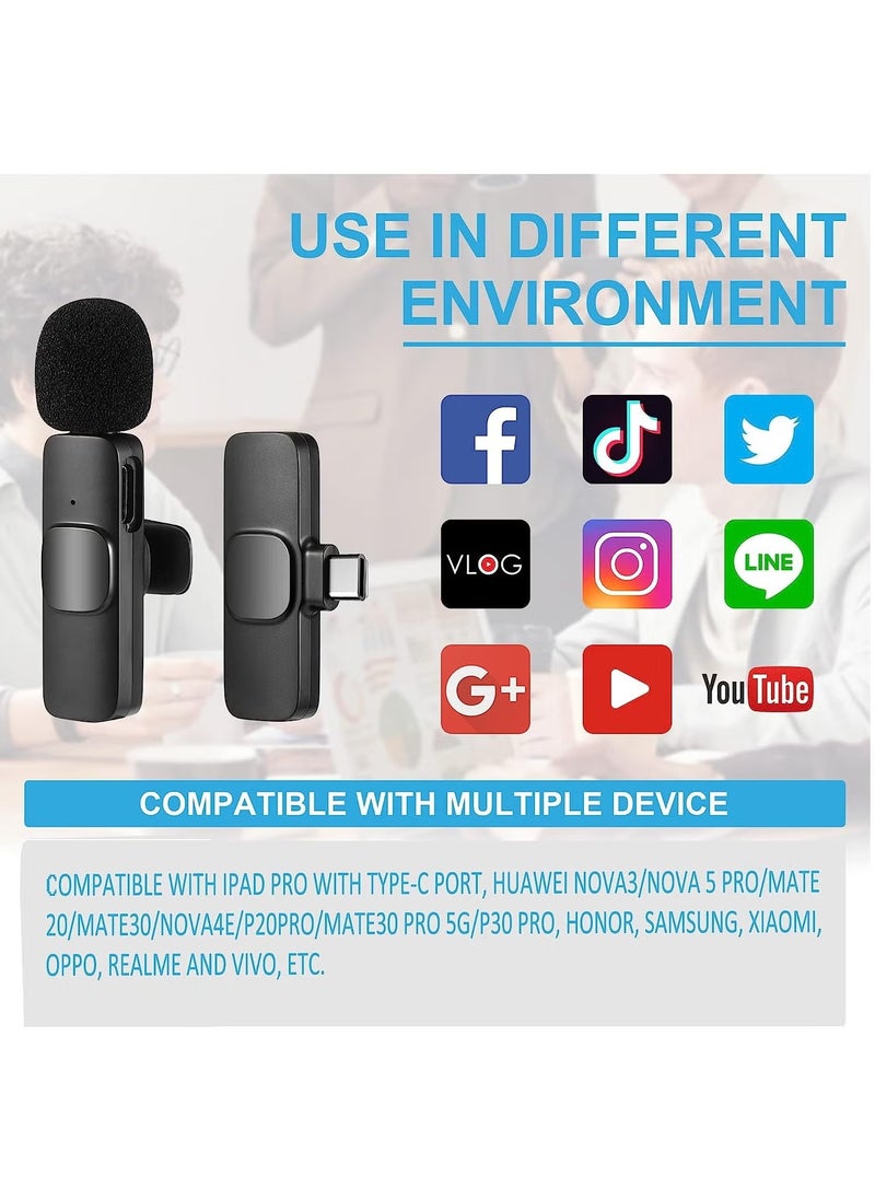 Wireless Lavalier Microphone for Type-C Phone- Plug-Play 2 Wireless Microphones for USB-C Android Phones Video Recording- Interview- Vlog- Auto Sync and Noise Reduction- 2.4 GHZ with mute function