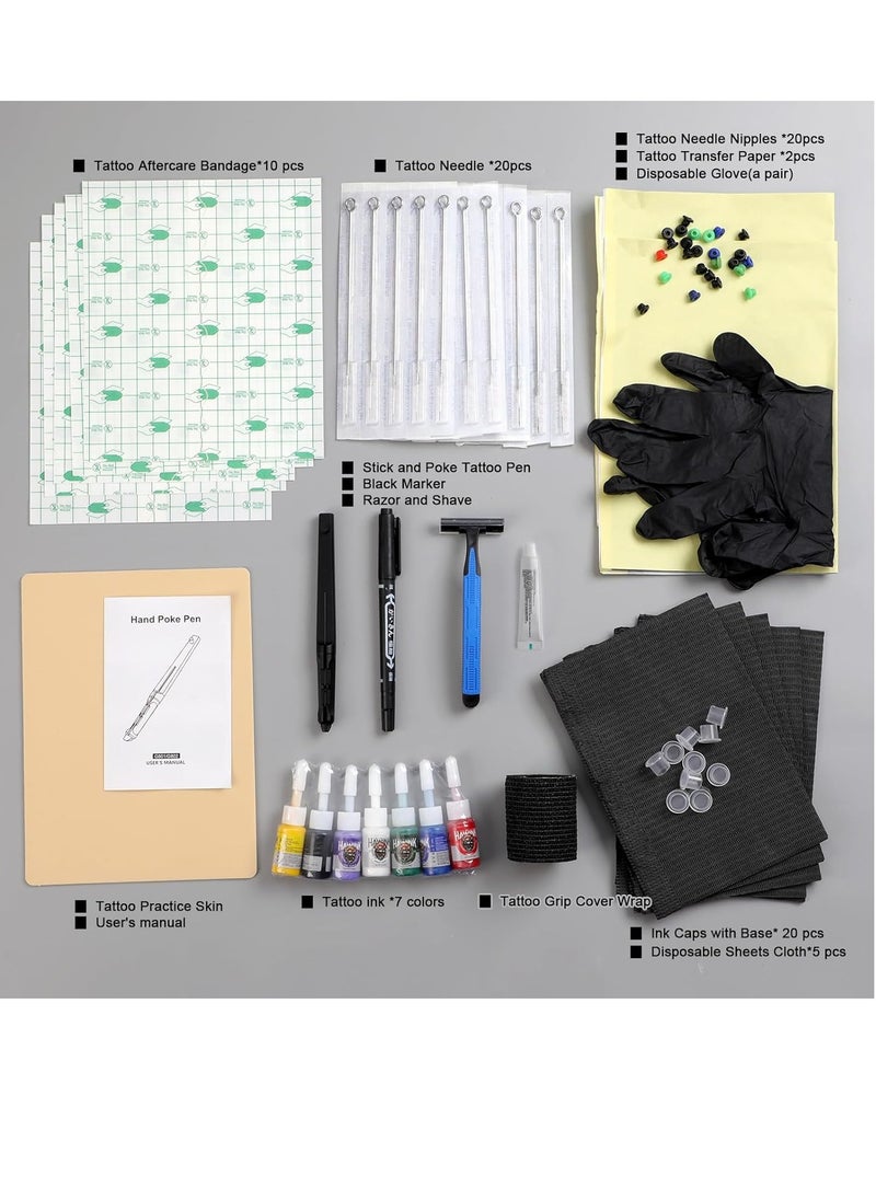 HAWINK Hand Tattoo Poke Stick Kit DIY Tattoo Tool Kit with 7 Ink 20 PCS Needles Aluminum Alloy Pen GK-HW801TN01-1