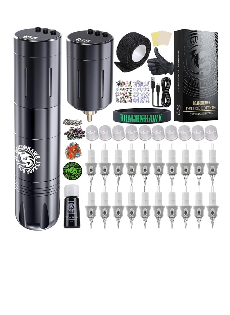 Dragonhawk Wireless Complete Tattoo Kit Pro Beginner Tattoo Gun Machine 2 Rca Batteries Power Supply 20 Tattoo Needles Cartridges