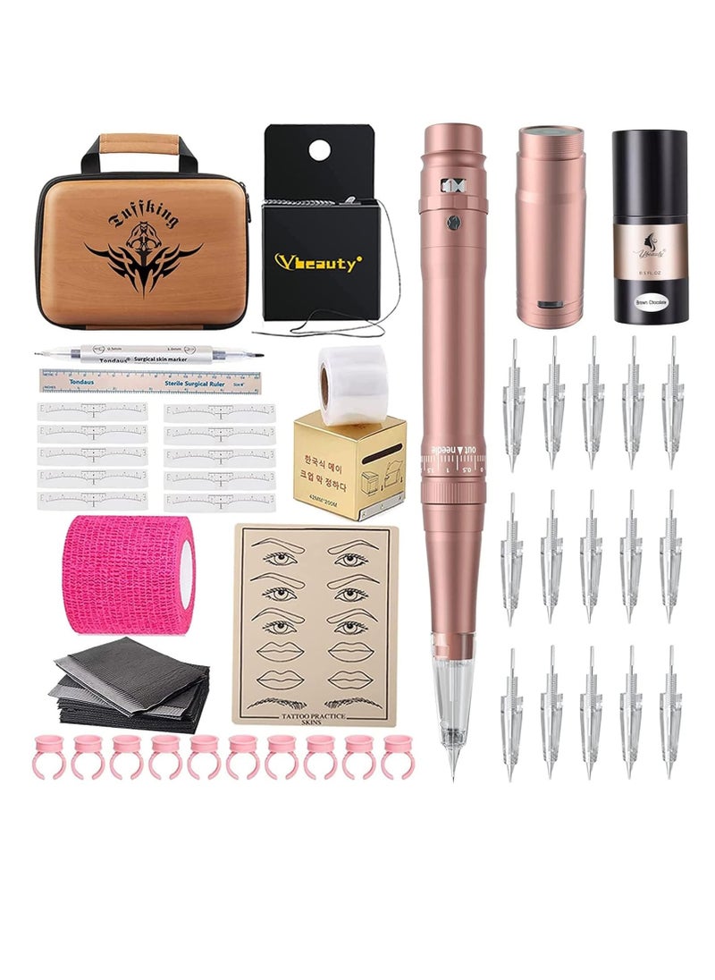 Permanent Eyebrow Makeup Tattoo Machine Kit With 15 pcs Cartridge Needles Microblading Supply for Eyebrow Lip Eyeliner Ombre Powder Brows Microshading Supplies(Pink Tattoo Kit)