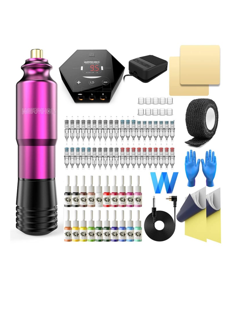 Wormhole Rotary Tattoo Machine Kit - 40 Cartridges, 20 Inks, Power Supply - Complete Professional Tattoo Pen Set for Beginners and Artists