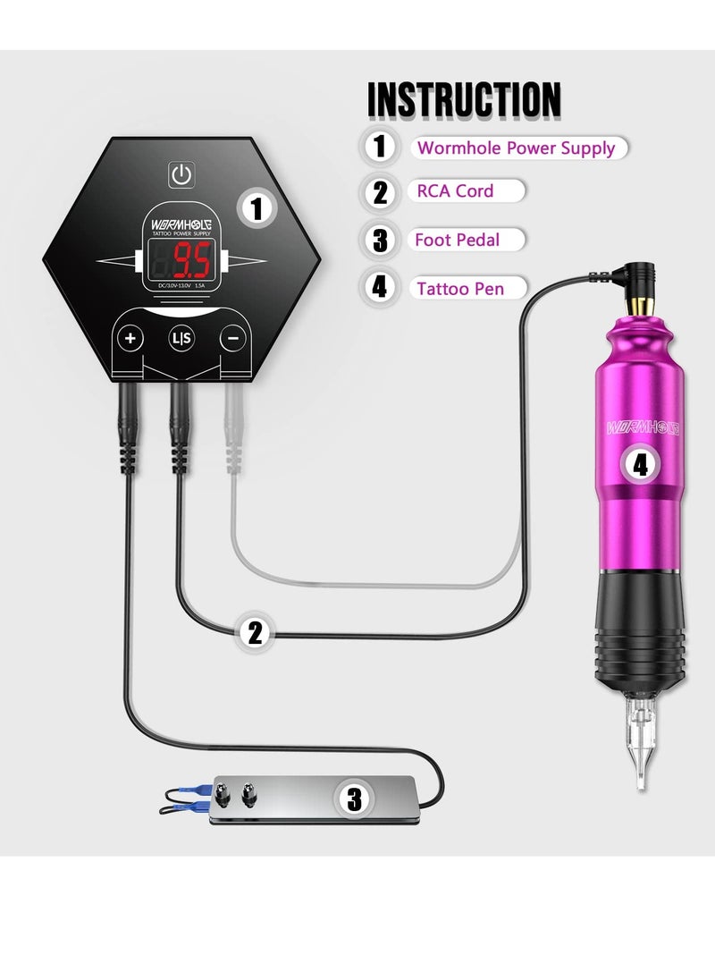 Wormhole Rotary Tattoo Machine Kit - 40 Cartridges, 20 Inks, Power Supply - Complete Professional Tattoo Pen Set for Beginners and Artists