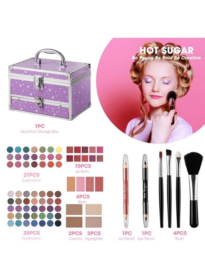 Makeup Kit For Teens With Train Case, Portable Beginner Makeup Gift Set, Makeup Beauty Kit For Girls (Purple)