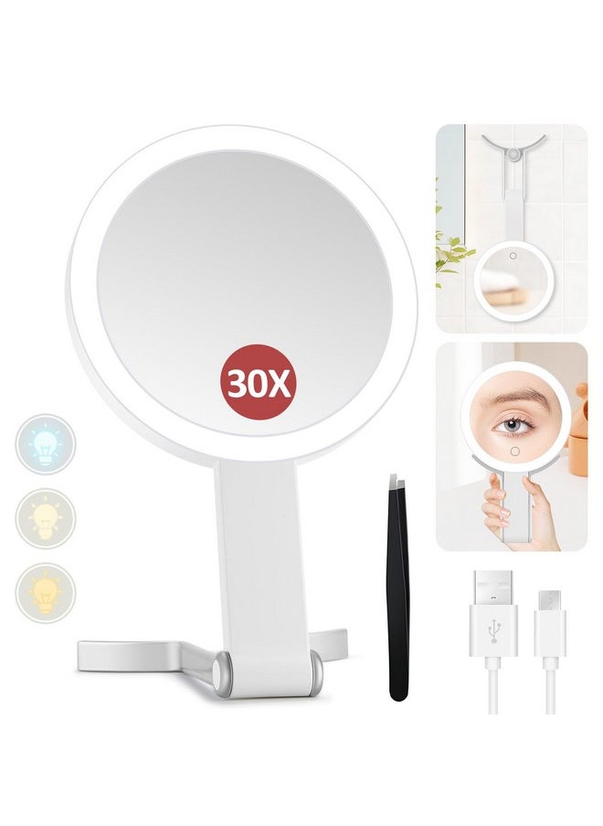 Lighted Makeup Mirror, 30X Magnifying Mirror With Light And Adjustable Brightness, Hanging And Handheld Mirror With Handle, Portable Travel Makeup Mirror With Lights, Vanity Mirror For Women