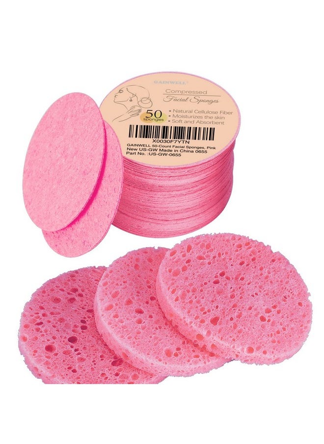 50-Count Compressed Facial Sponges For Daily Facial Cleansing And Exfoliating, 100％ Natural Cosmetic Spa Sponges For Makeup Remover, Reusable, Pink