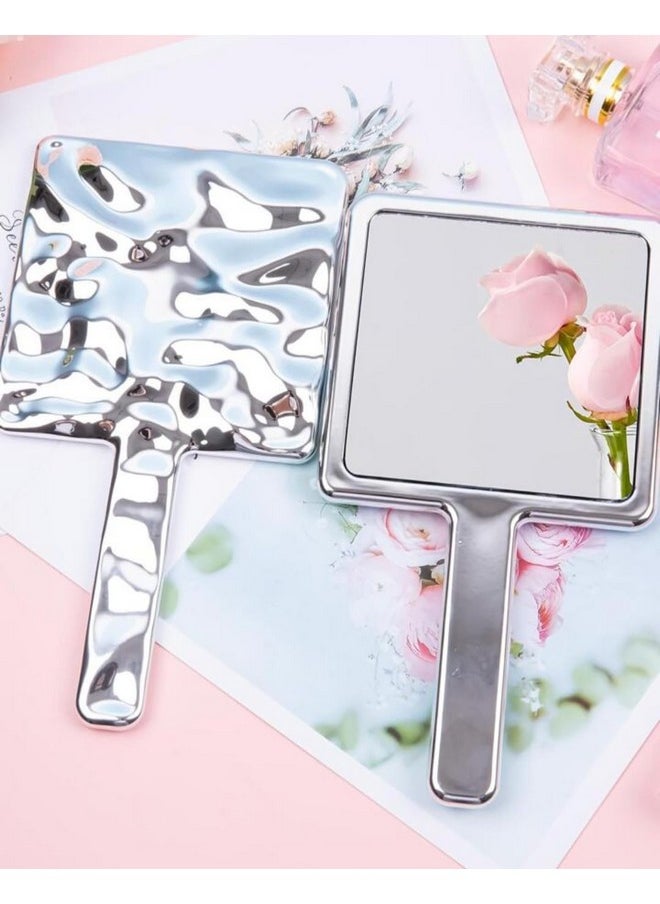 Hand Mirror Makeup Mirror Liquid Shape Square Mirror Creative Wave Pattern Handheld Makeup Mirror Hand-Held Cosmetic Mirror Makeup Mirror Travel Portable Beauty Mirror (Silver)