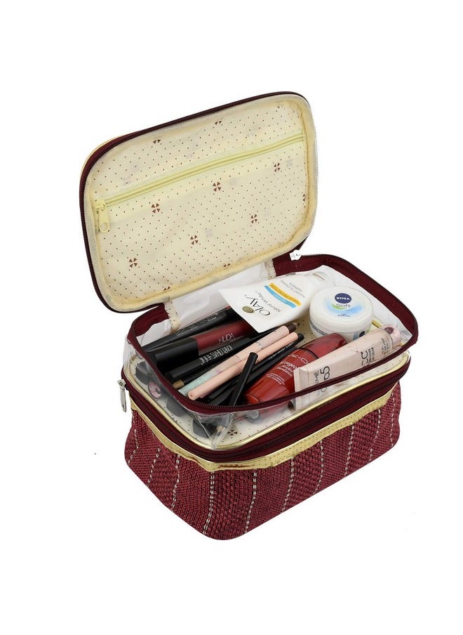 2 Pieces Jute Design Make Up Kit Cum Cosmetic Kit Jewellery Kit Pouches For Travel Accessories (Maroon) Heart2589