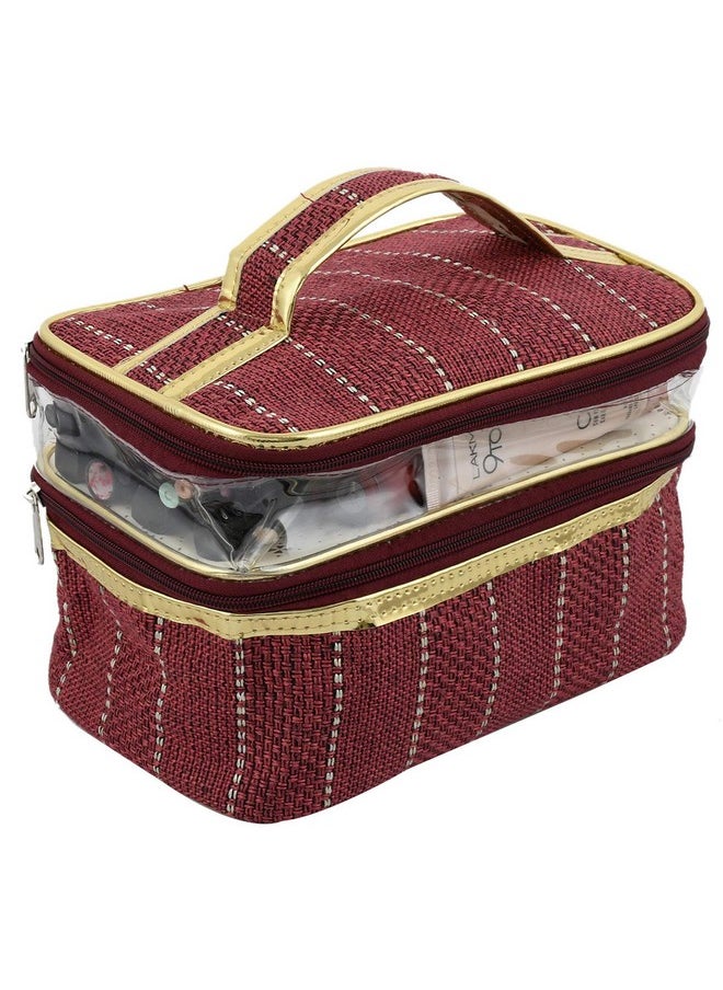 2 Pieces Jute Design Make Up Kit Cum Cosmetic Kit Jewellery Kit Pouches For Travel Accessories (Maroon) Heart2589