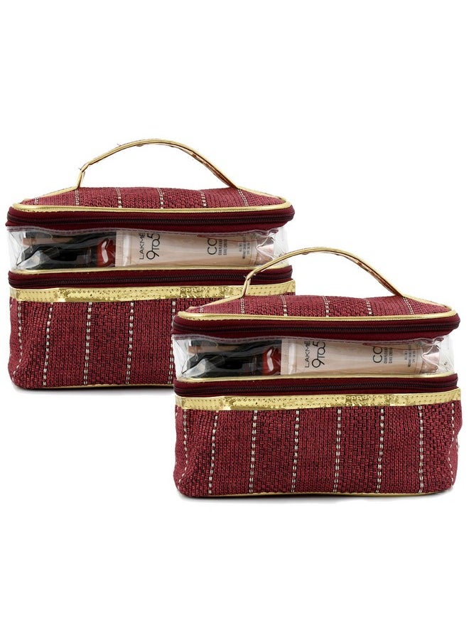 2 Pieces Jute Design Make Up Kit Cum Cosmetic Kit Jewellery Kit Pouches For Travel Accessories (Maroon) Heart2589