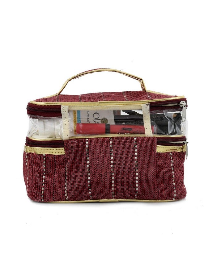 2 Pieces Jute Design Make Up Kit Cum Cosmetic Kit Jewellery Kit Pouches For Travel Accessories (Maroon) Heart2589