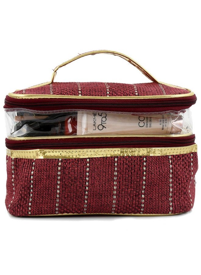 2 Pieces Jute Design Make Up Kit Cum Cosmetic Kit Jewellery Kit Pouches For Travel Accessories (Maroon) Heart2589