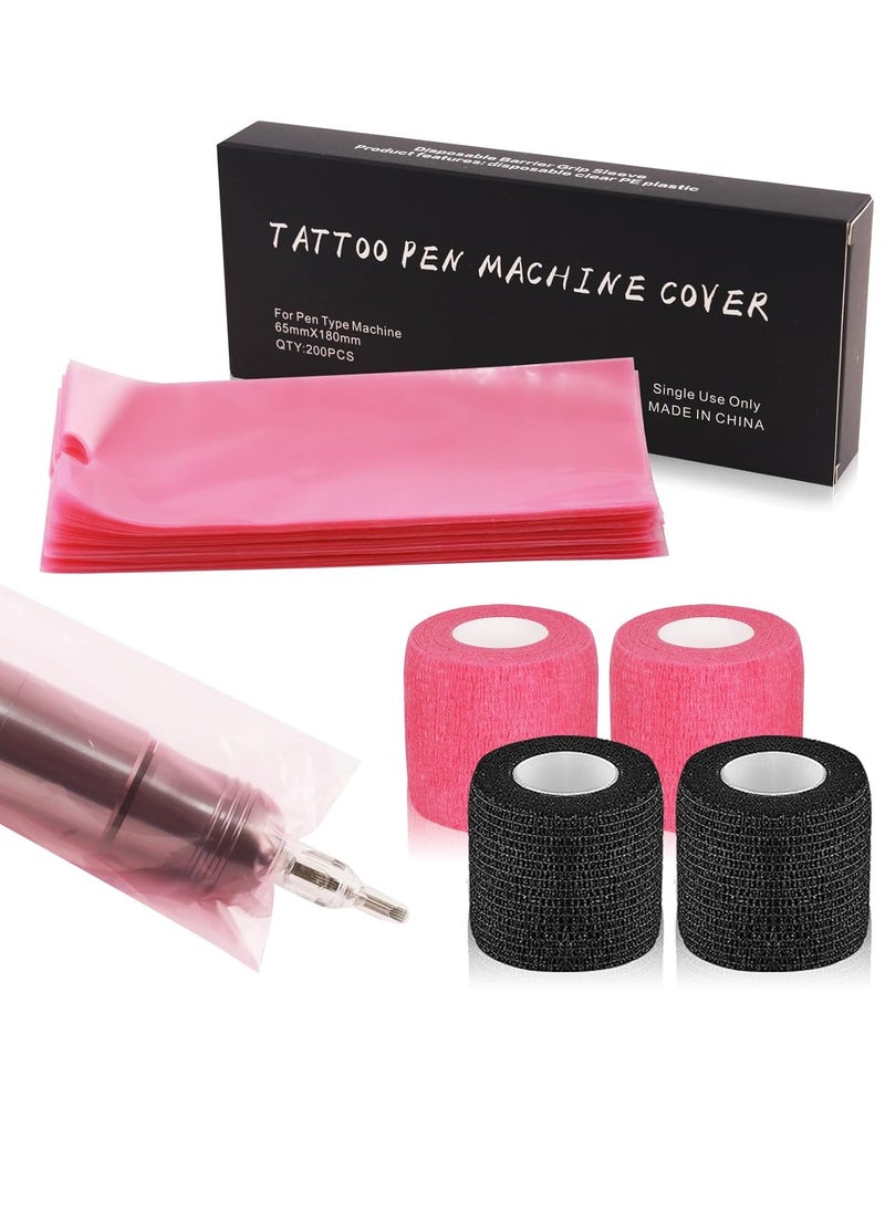 Tattoo Machine Pen Covers with Grip Tape Wrap - Narkysus 200Pcs Large Tattoo Machine Covers Pink Tattoo Pen Bags Covers and 4Pcs Tattoo Machine Tape Grip Wrap Self-Adhesive Tape Tattoo Supplies