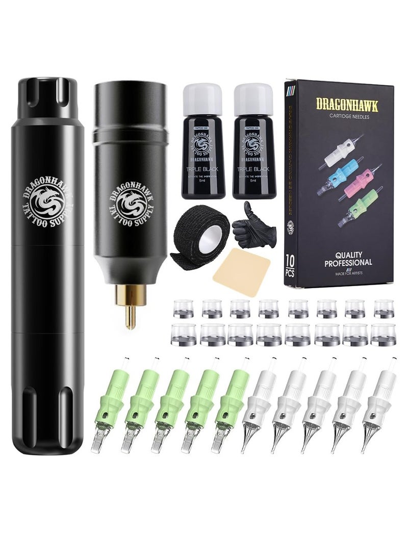 Dragonhawk S12 Wireless Tattoo Pen Kit, Rotary Tattoo Machine Gun Kit, Complete Tattoo Kit for Beginner, 10Pcs Tattoo Cartridges Needles