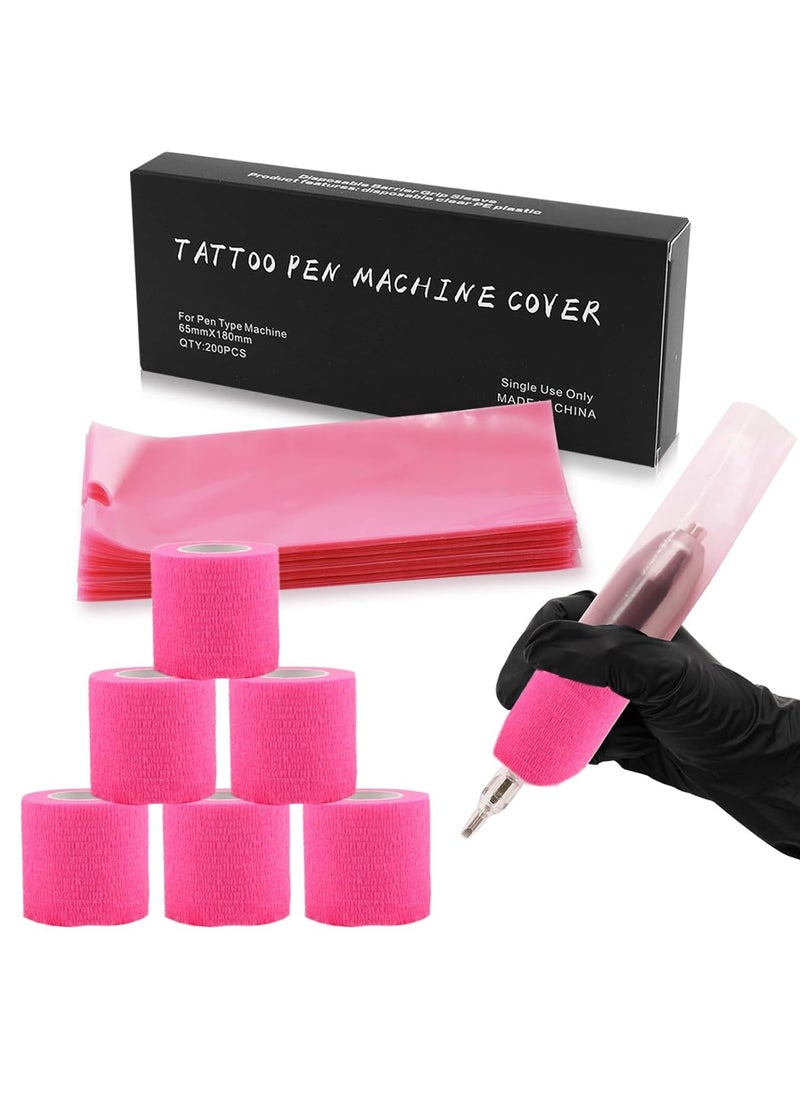 Large Pen Machine Covers and Grip Tapes - Anghie 200pcs Pink Tattoo Pen Covers with 6Pcs Pink Tattoo Grip Tape Wrap Large 2.56 X 7.09inch Tattoo Machine Wrap for Tattoo Machine Tattoo Supplies