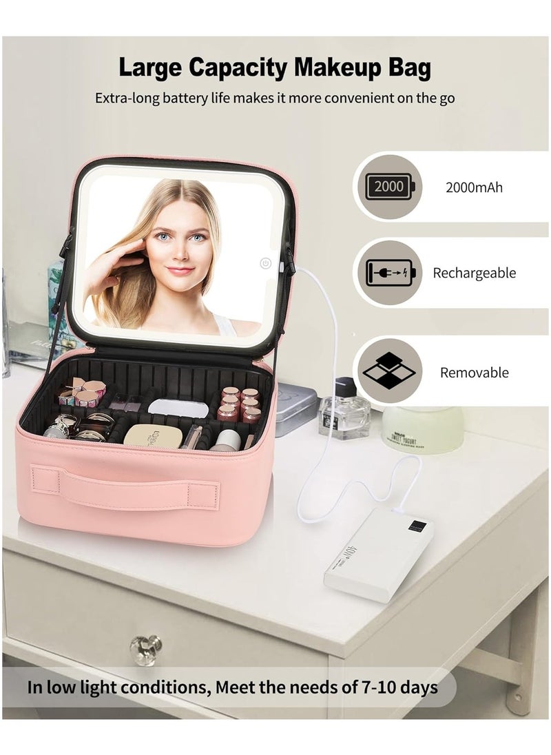 Makeup Bag With LED Mirror, Travel Makeup Case with Light up Mirror Large Cosmetic Case with 3 Color Lighted Portable Professional Makeup Artist Organizer Bag with Adjustable Dividers（Pink）