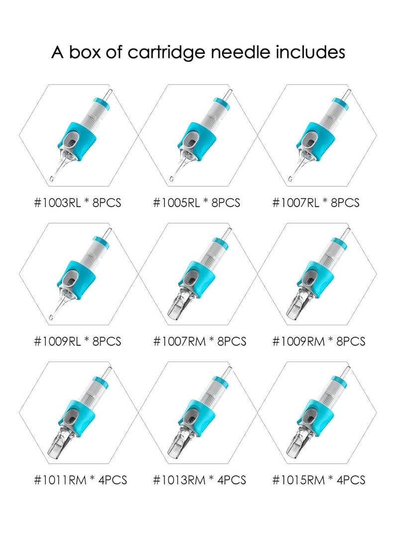 60 Assorted Tattoo Needles Cartridge Mixed Size #10 Bugpin(Round Liner 3RL*8, 5RL*8, 7RL*8, 9RL*8, 11RL*4 Round Magnum 9RM*8, 11RM*4, 13RM*4, 15RM*4) 0.3MM Disposable EN05S-BFG-60KIT-K