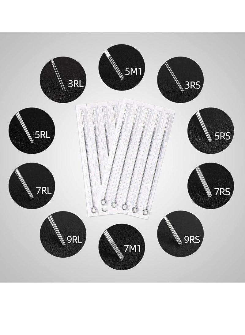 Tattoo Needles and Tips Set, 100pcs Disposable Mixed Tattoo Needles and Assorted Sterilized Tattoo Needles Tips, 5pcs of each-3rl 5rl 7rl 9rl 3rs 5rs 7rs 9rs 5m1 7m1 3RT 5RT 7RT 9RT 3DT 5DT 7D