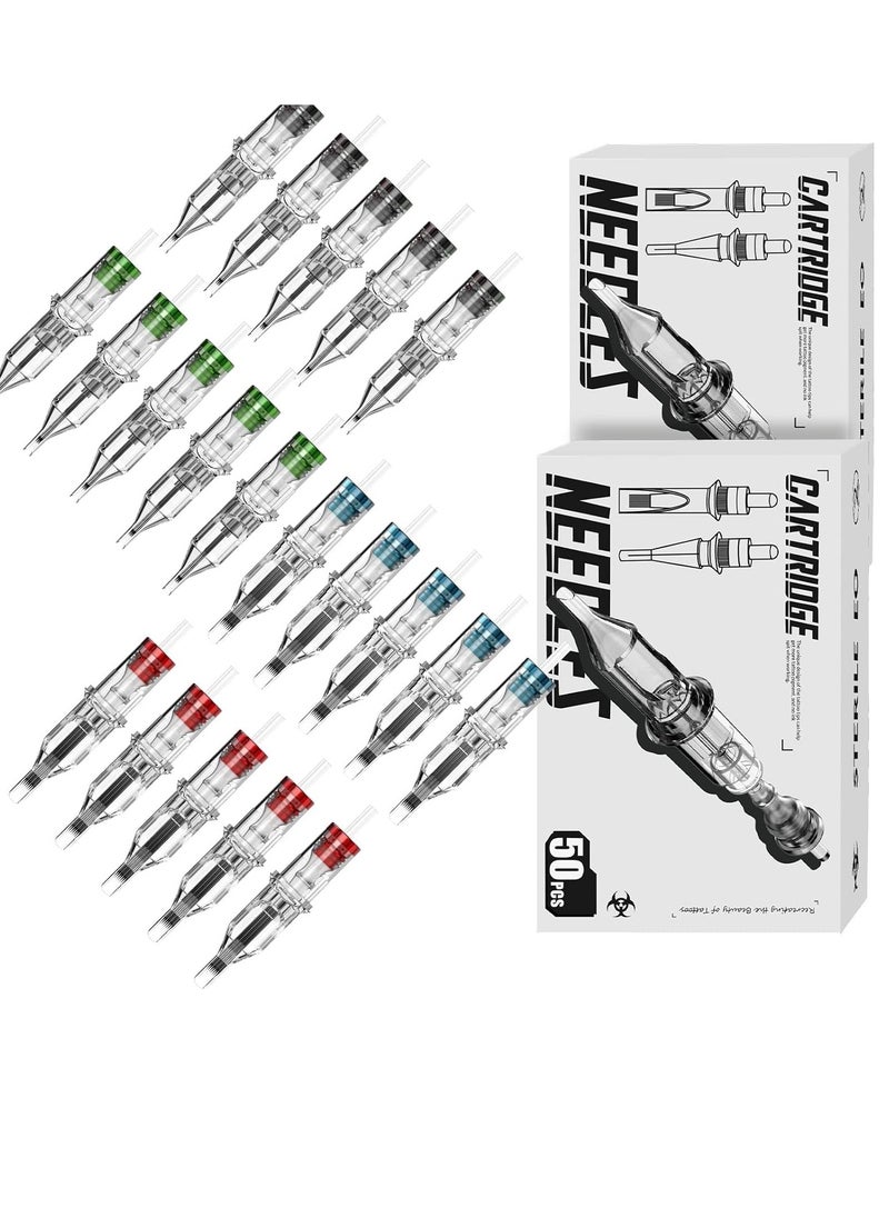 Wormhole Tattoo Cartridge Needles Long Taper 50pcs Assorted Disposable Tattoo Needle Cartridges Mixed 5RL 7RL 9RL 5RS 7RS 9RS 15M1 21M1 15RM 21RM Round Liner Shader Magnum Round Magnum