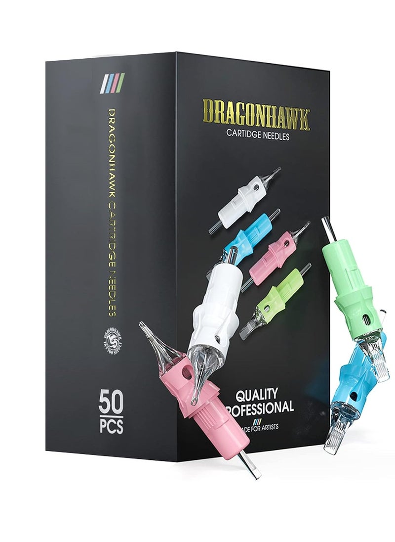 Dragonhawk Tattoo Needles Cartridges, 1005RM Round Magnum, 50 Count Needles Kit, Membrane Transparent for Pro Aritsts