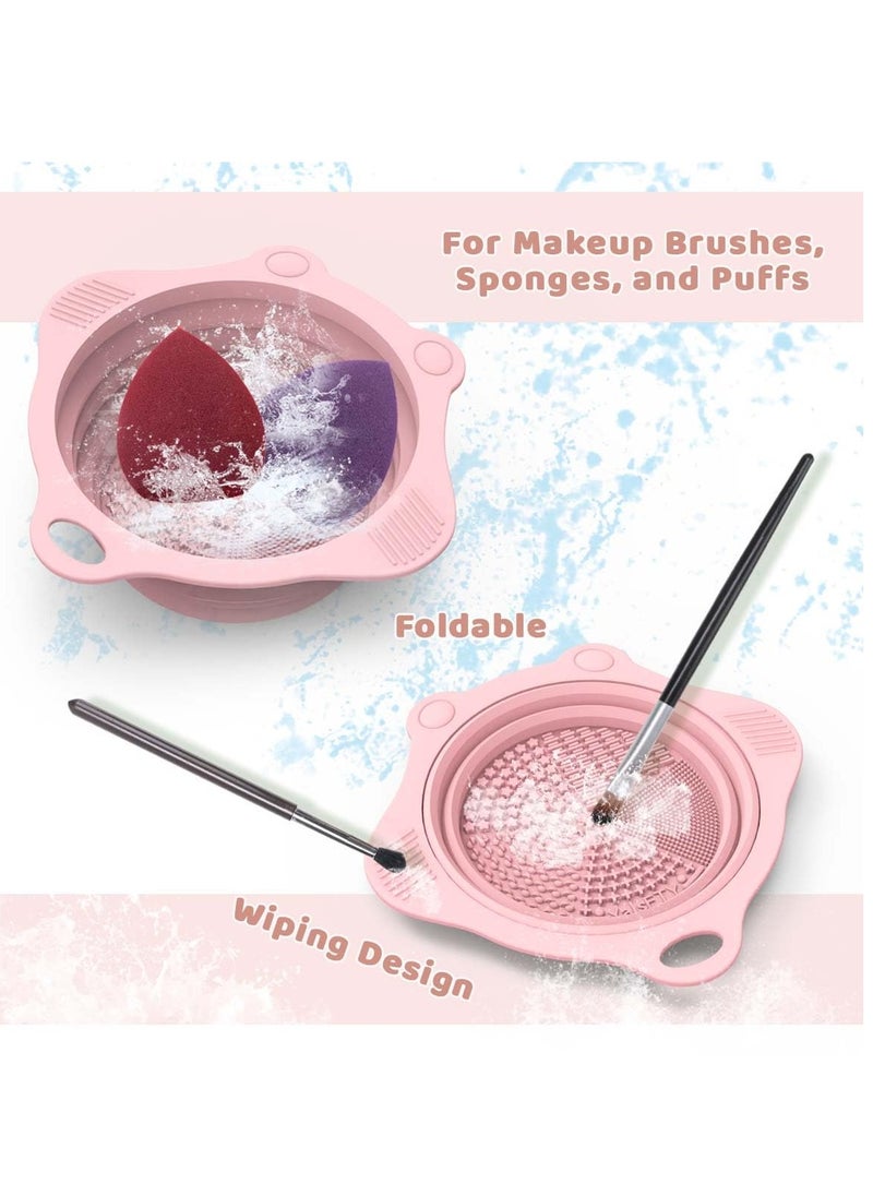 Foldable Silicone Makeup Brush Cleaner Pad Bowl, YalsFTY Portable Mat Scrubber Cleaning Tool for Makeup Brushes (Pink)