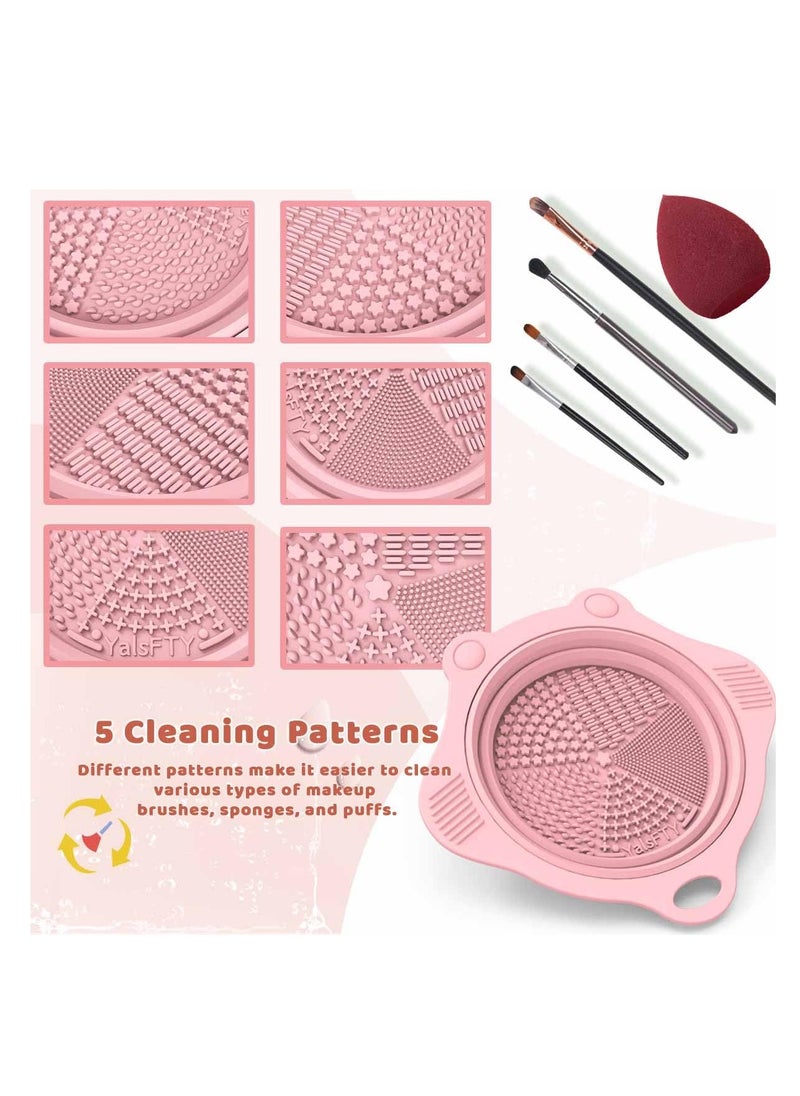 Foldable Silicone Makeup Brush Cleaner Pad Bowl, YalsFTY Portable Mat Scrubber Cleaning Tool for Makeup Brushes (Pink)