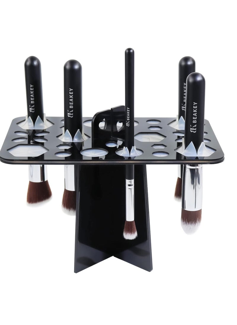 BEAKEY Makeup Brush Drying Rack, Collapsible Acrylic Makeup Brush Holder, Makeup Brush Dryer stand with 28 Holes, for Storing and Drying Various Sizes and Types of Brushes - Black