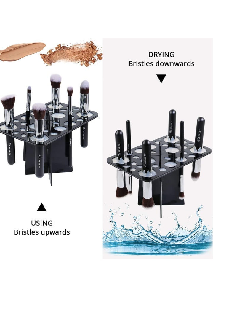 BEAKEY Makeup Brush Drying Rack, Collapsible Acrylic Makeup Brush Holder, Makeup Brush Dryer stand with 28 Holes, for Storing and Drying Various Sizes and Types of Brushes - Black