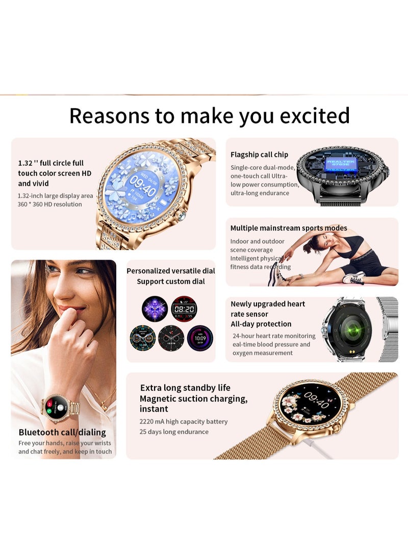 Fashion Women's Bluetooth Smartwatch, Gold  Diamond Dial, 1.32 Inch Full Screen Touch, Answer/Make Calls, IP67 Waterproof RT i58