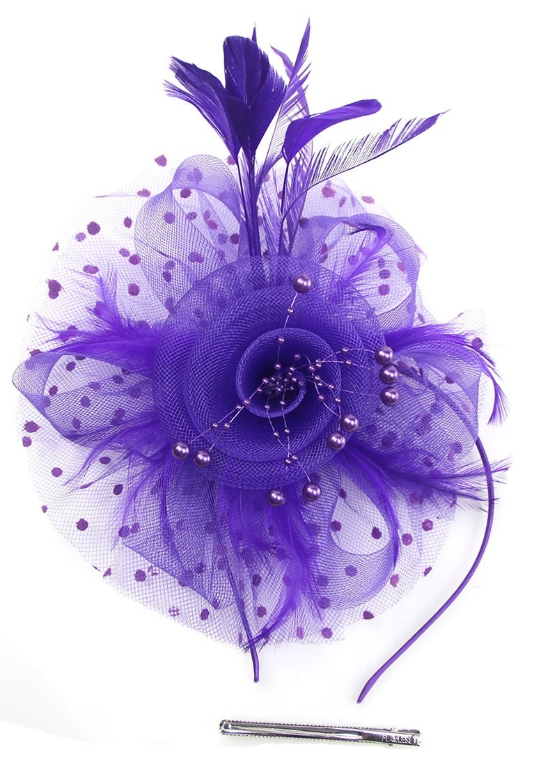 Ddaniela Monalisa Fascinator Hats for Women Tea Party Headband,  Hat Flower Mesh Ribbons Feathers on a Headband and a Clip Tea Party Headwear for Girls and Women Purple