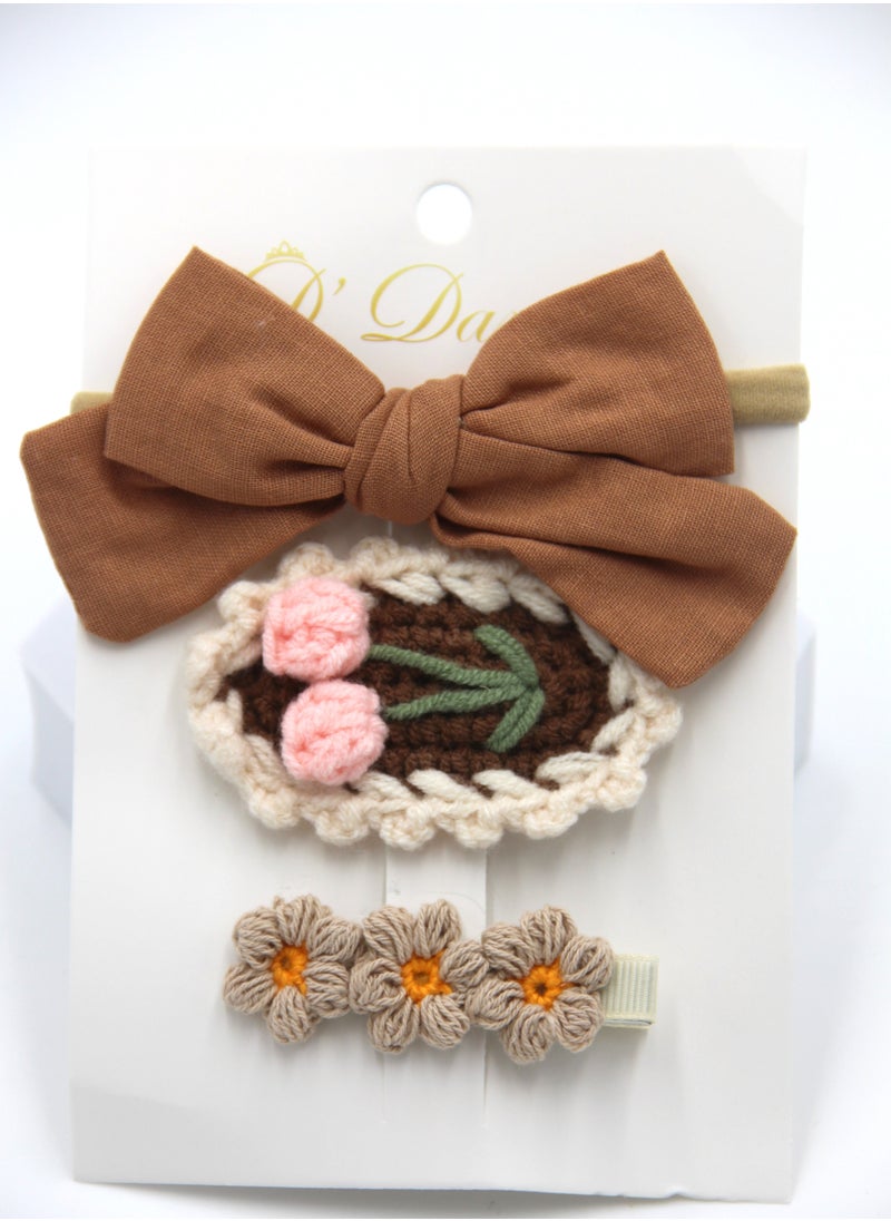 Angela Ribbon Bow Clip Set For Babies and Girls - Brown