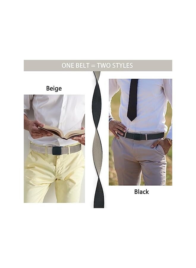 Men's Elastic Stretch Belts - 2 Colors in 1 Reversible Belt Strap with Plastic Buckle for Work Travel, 27-46