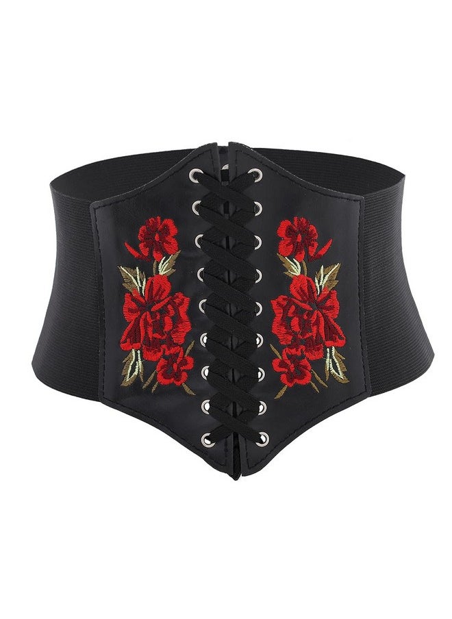 Elastic Rose Embroidered Lace-Up Corset Belt Stretchy Tied Black Waspie Belts Wide Halloween Party Dress Cincher Waist Belt For Women