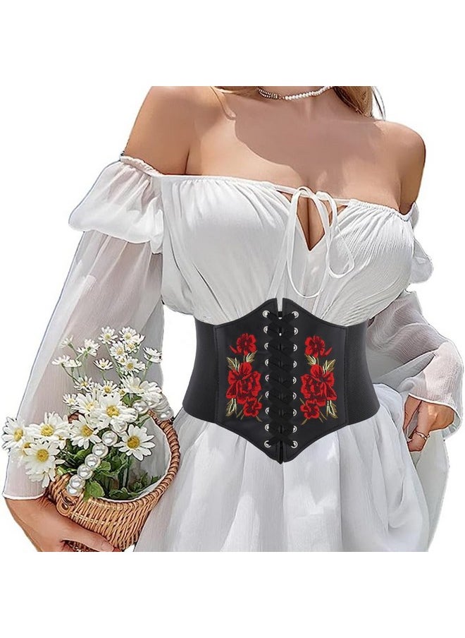 Elastic Rose Embroidered Lace-Up Corset Belt Stretchy Tied Black Waspie Belts Wide Halloween Party Dress Cincher Waist Belt For Women