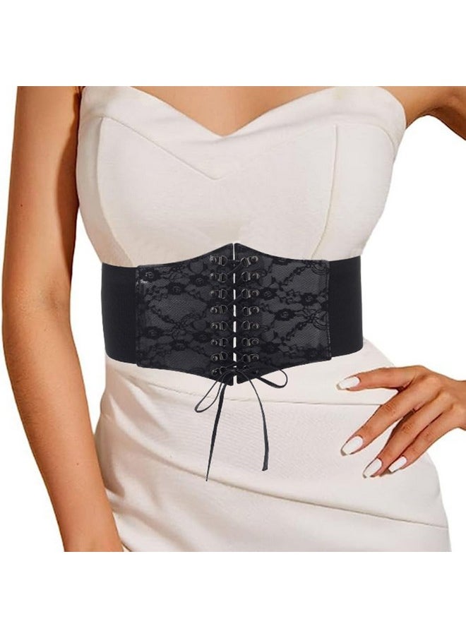 Lace-Up Lace Corset Belt Elastic Tied Black Waspie Belt Stretchy Halloween Costume Dress Cincher Waist Belts For Women (S-Length 26.77In)