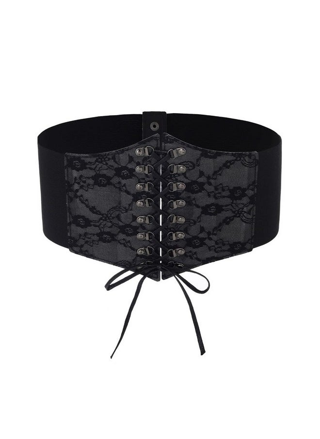 Lace-Up Lace Corset Belt Elastic Tied Black Waspie Belt Stretchy Halloween Costume Dress Cincher Waist Belts For Women (S-Length 26.77In)