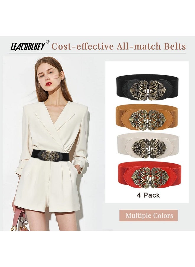 4 Pack Women Vintage Wide Waist Belt For Dress, Elastic Cinch Belt With Retro Interlocking Brass Buckle…