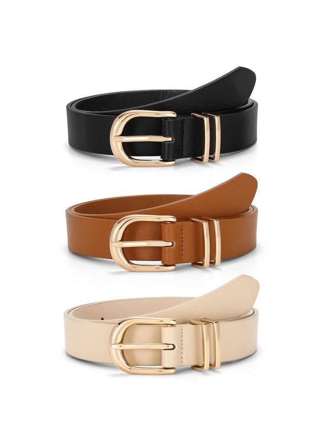 3 Pack Women Belts For Jeans Dresses Pants Ladies Faux Leather Waist Belt With Gold Buckle(Black+Brown+Beige Gold Buckle)