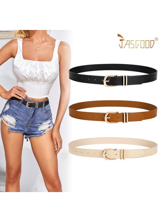 3 Pack Women Belts For Jeans Dresses Pants Ladies Faux Leather Waist Belt With Gold Buckle(Black+Brown+Beige Gold Buckle)