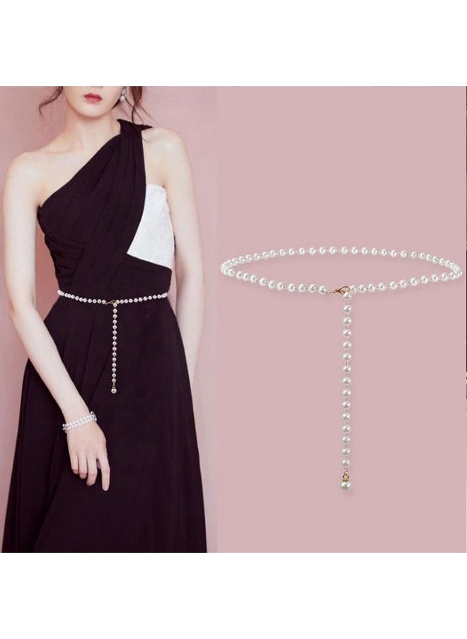 2 Sets Rhinestone Pearl Elastic Waist Chain Belt, Women Skinny Metal Cinch Belt Gold Waist Belt For Dress Gift For Jeans Dress