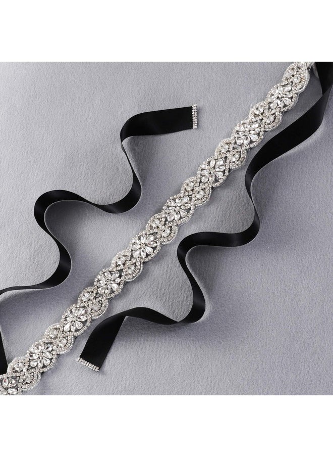 Handmade Wedding Bridal Belts And Sashes Silver Crystal Rhinestone Black Ribbon Belt For Wedding Bridesmaid Prom Gowns