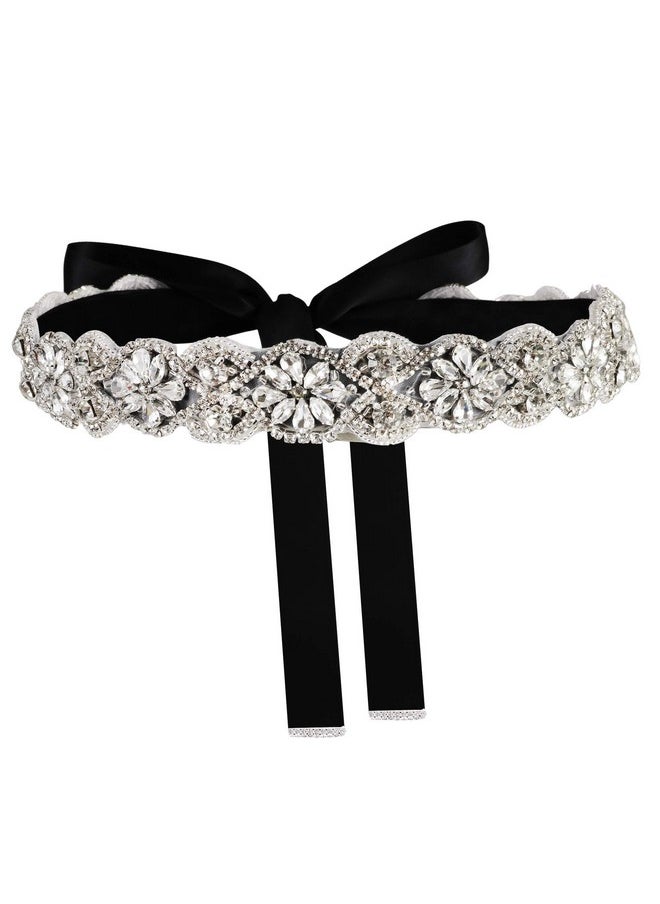 Handmade Wedding Bridal Belts And Sashes Silver Crystal Rhinestone Black Ribbon Belt For Wedding Bridesmaid Prom Gowns