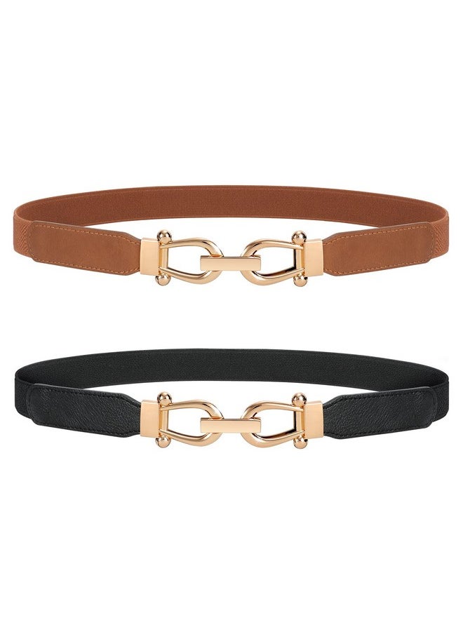 2 Pack Women Stretchy Waist Belt Retro Elastic Skinny Belt For Ladies With Gold Buckle