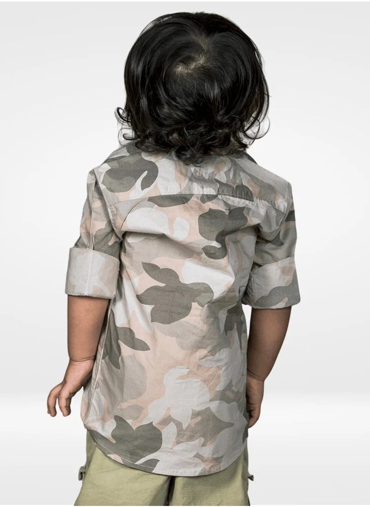 Polka Tots Full Sleeves Camouflage Shirt - Grey and Pink