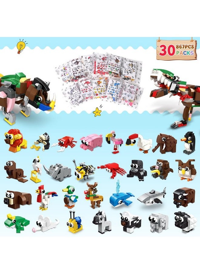 30 Packs Party Favors For Kids - 867Pcs Animals Building Blocks Sets For Classroom Prizes Goodie Bag Fillers Stocking Stuffers Birthday Valentines Easter Gifts For Kids Boys Girls 6+