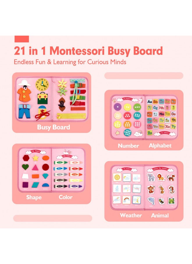 Busy Board - Montessori Toys for 2 Year Old Girl Bithday Gift - 7 in 1 Preschool Learning Activities with Life Skill, Alphabet, Number, Shape, Color, Animal, Weather - Toddler Travel Toys