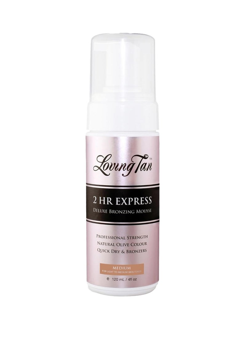 Loving Tan 2 HR Express Mousse, Medium - Streak Free, Natural looking, Professional Strength Sunless Tanner - Up to 5 Self Tan Applications per Bottle, Cruelty Free, Naturally Derived DHA - 4 FL Oz