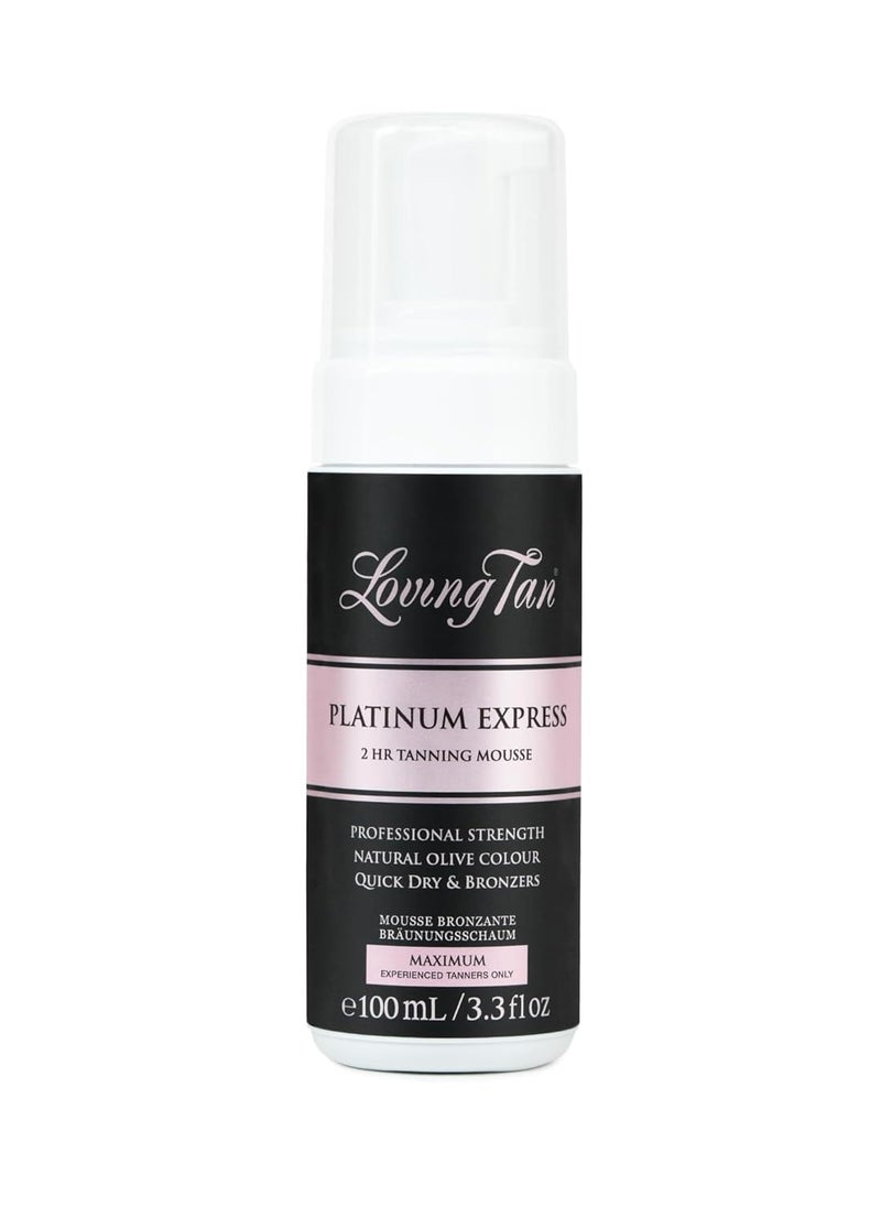 Loving Tan Platinum 2 HR Express Mousse, Darkest Shade Yet - Streak Free, Professional Strength Sunless Tanner - 5+ Self Tan Applications per Bottle, Cruelty Free, Naturally Derived DHA, 3.3 Fl Oz