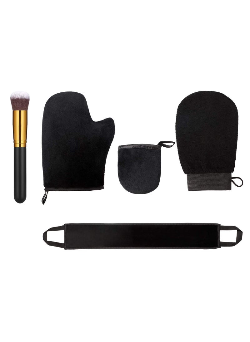 5 Pieces Self Tanning Mitt Applicator Kit, Includes Exfoliating Glove, Tanning Mitt, Mini Face Mitt, Back Lotion Applicator with Self Tanner Brush Large Flat Top Makeup Brush (Black)