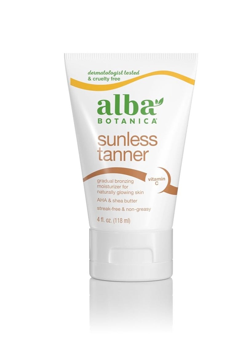 Alba Botanica Sunless Tanner, Gradual Bronzing Moisturizer, with Vitamin C and Shea Butter, 4 Oz (Packaging May Vary)